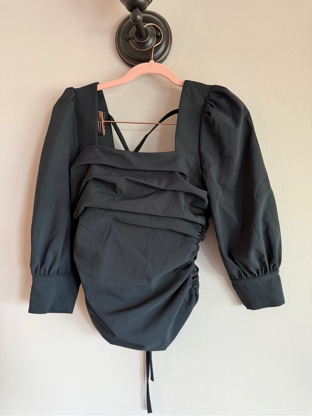 Cinq a Sept Black Ruched Puff Sleeve Square Neck Tie Back Blouse XS